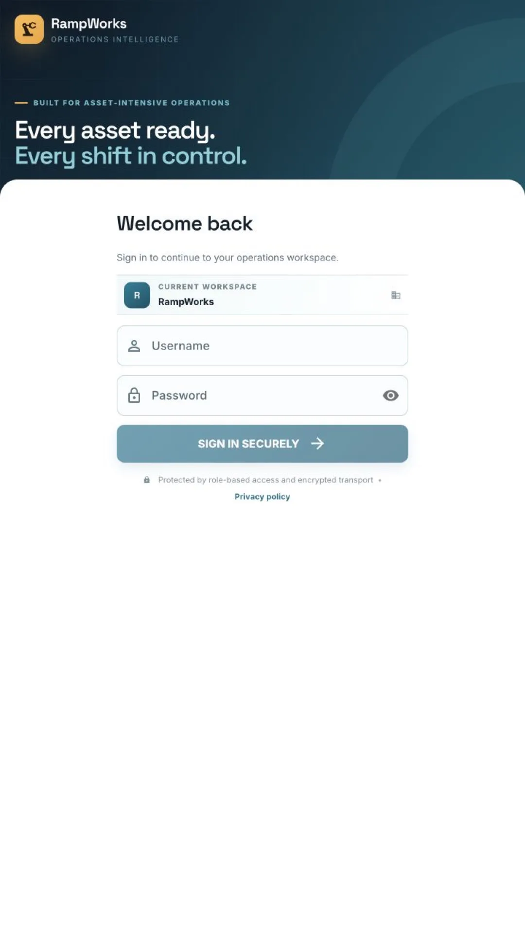 The RampWorks sign-in screen, asking for a username and password.