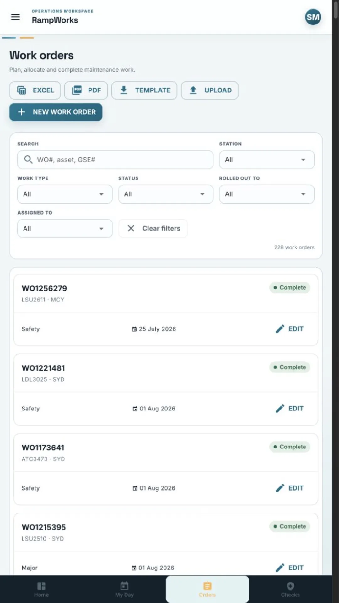 The RampWorks work-orders list with filters for station, work type, status and assignee.